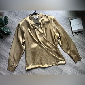 Vintage TJ Thermo Jac Surplice Gathered Neckline Metallic Gold Blouse. Size 10